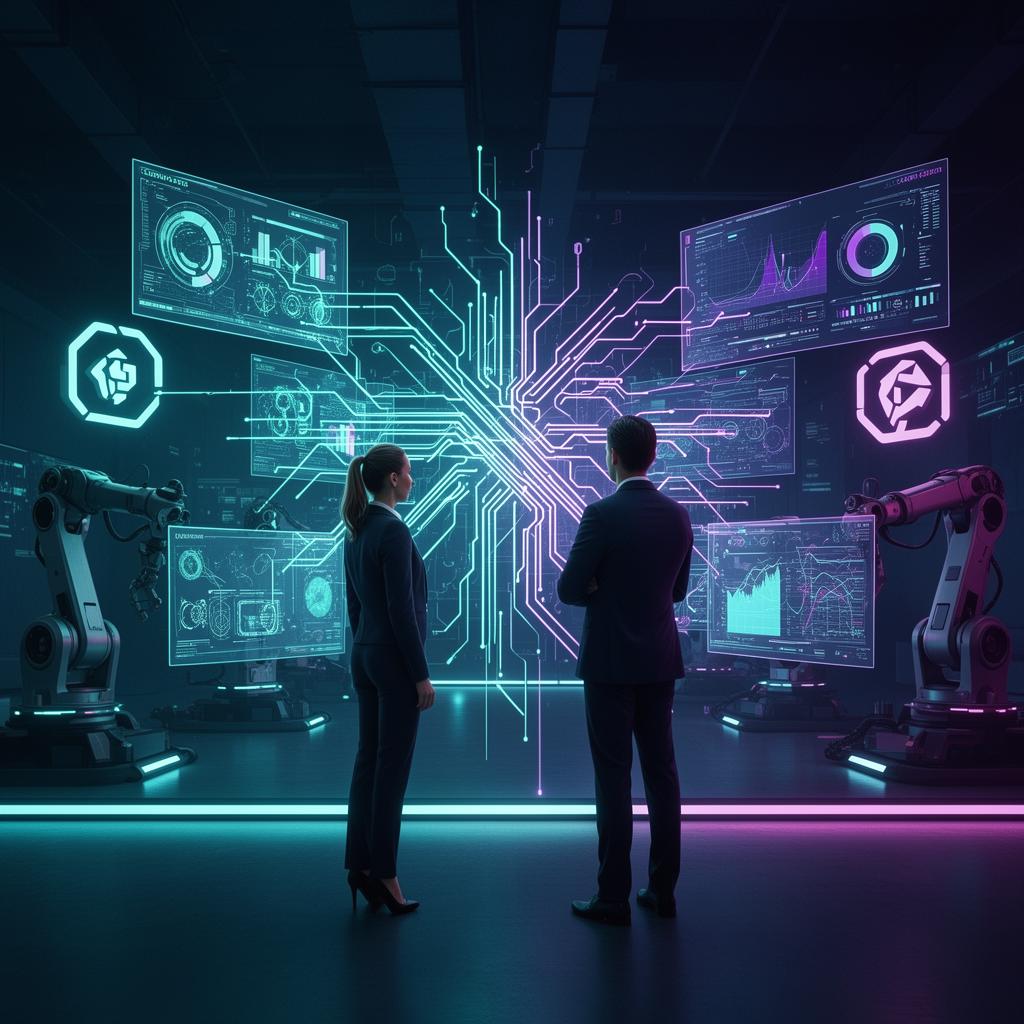 Centro de control de automatización e IA con profesionales revisando dashboards holográficos
